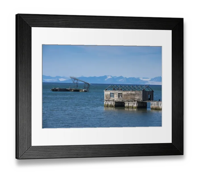 Framed Print : Wooden houses, ruins of the old russian coalmine in the atlantic ocean Framed Print : Wooden houses, ruins of the old russian coalmine in the atlantic ocean
