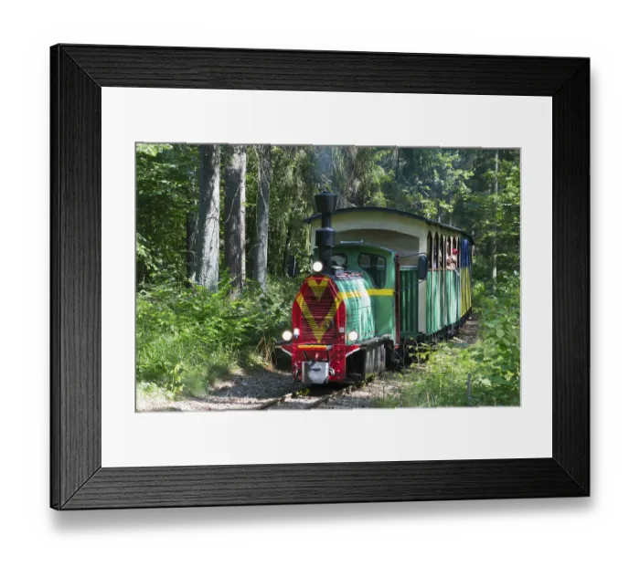 Framed Print : A colourful train runs through a sunny
