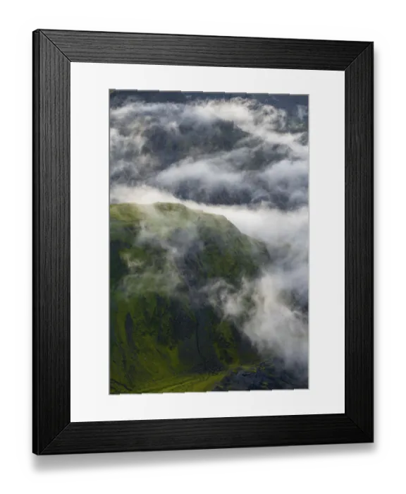 Framed Print : Fog, clouds moving around moss-covered mountains