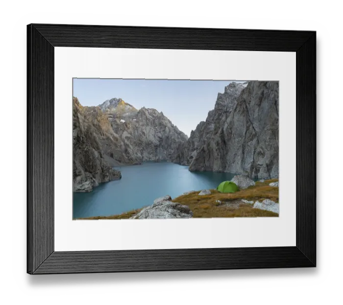 Framed Print : Wild camping, camping in the wilderness with a tent in front of mountain lake Kol Suu Framed Print : Wild camping, camping in the wilderness with a tent in front of mountain lake Kol Suu