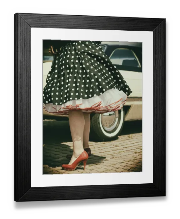 Framed Print : Vintage American road cruiser Buick with woman and petticoat