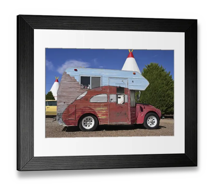 Framed Print : Antique VW Beetle camper adorns the backyard of the Wigwam Motel on Route 66