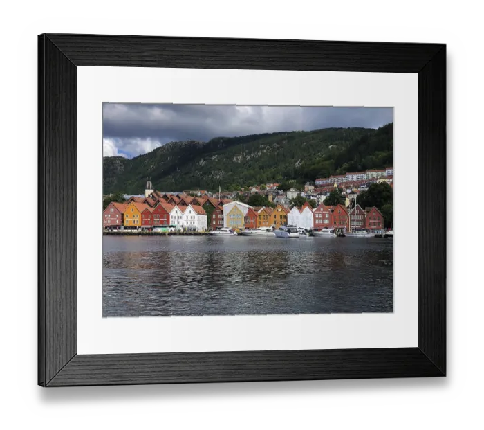 Framed Print : Bergen, Hordaland, Norway, Traditional colourful wooden houses in the Bryggen harbour district