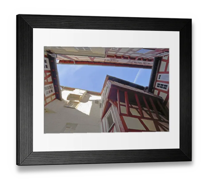 Framed Print : Inner courtyard with view upwards from the old castle built 13 century