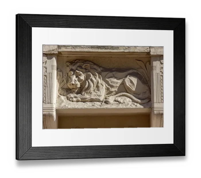 Framed Print : Ornamental console with lion, relief in console under bay window Framed Print : Ornamental console with lion, relief in console under bay window