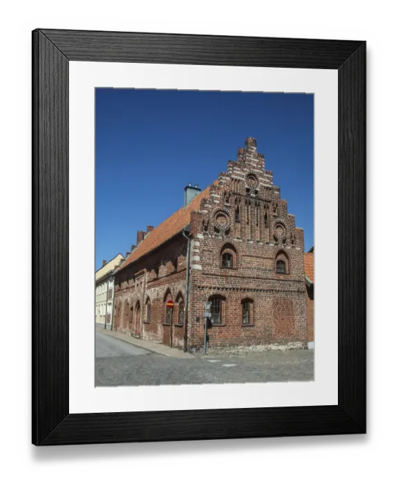 Framed Print : Medieval brick house with stepped gable in the old town of Ystad