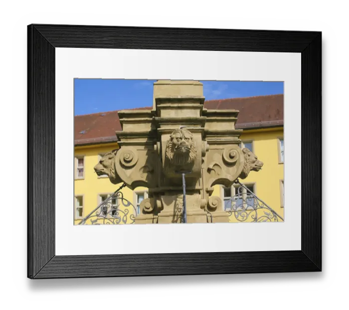 Framed Print : Fountain with lion heads, stone figures Framed Print : Fountain with lion heads, stone figures