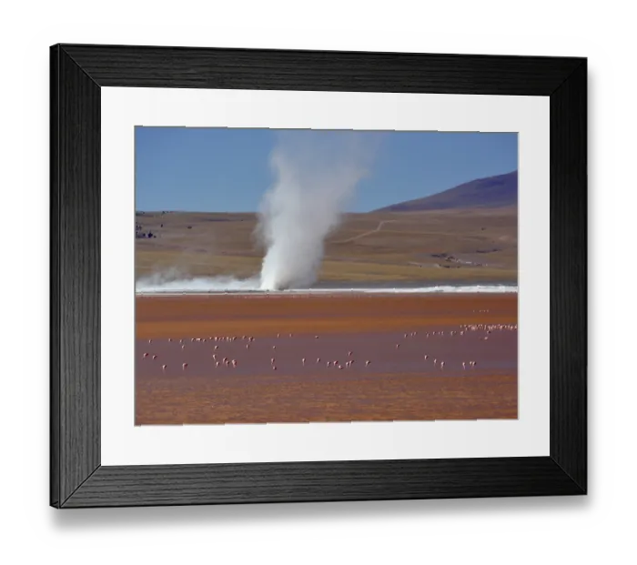 Framed Print : Cyclone of borax sediment on a lake with flamingos (Phoenicopterus sp) Framed Print : Cyclone of borax sediment on a lake with flamingos (Phoenicopterus sp)