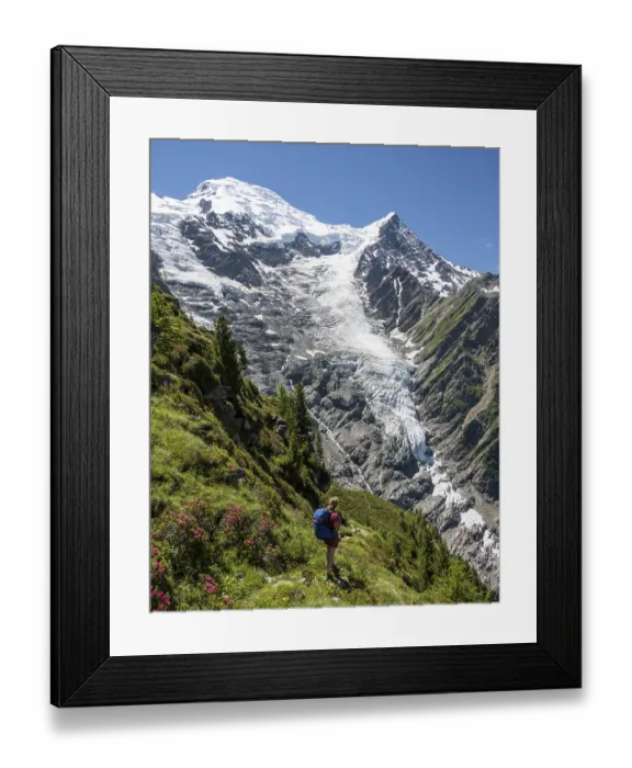 Framed Print : Hiker in front of glacier, hiking trail La Jonction Framed Print : Hiker in front of glacier, hiking trail La Jonction