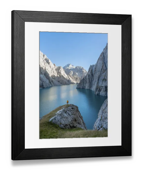 Framed Print : Hiker in front of Kol Suu Mountain Lake