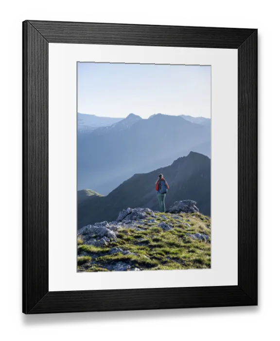 Framed Print : Hiker enjoying the mountain panorama in the morning