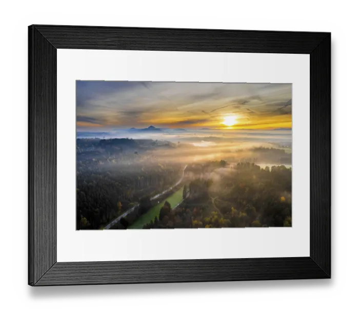 Framed Print : Drone view of sunrise over forest and rural landscape in autumn