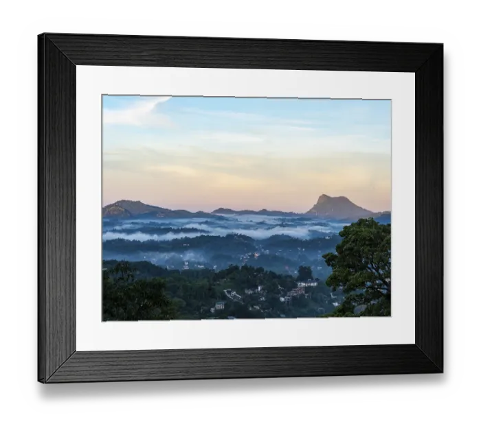 Framed Print : Mountain landscape with morning mist over forests near Kandy