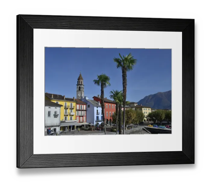Framed Print : Lake promenade in Ascona with church Santi Pietro e Paolo