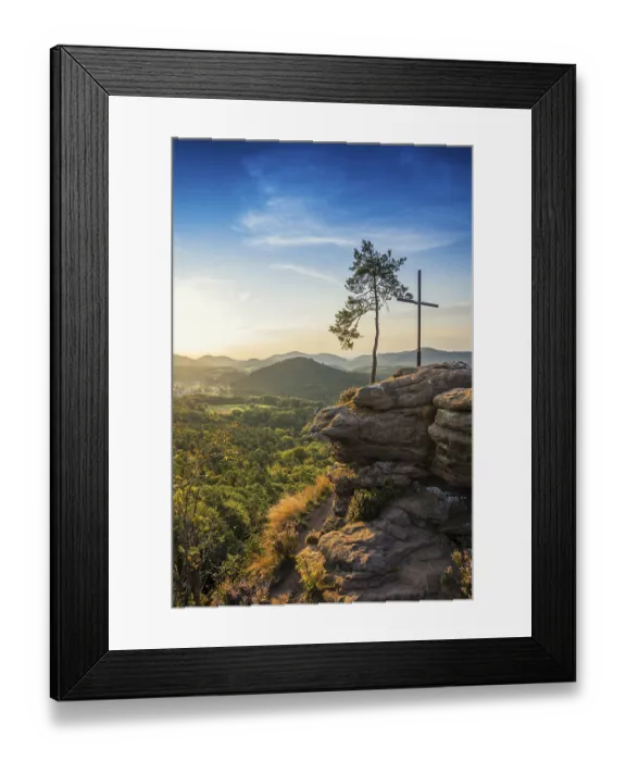 Framed Print : Sandstone rock with pine tree and summit cross