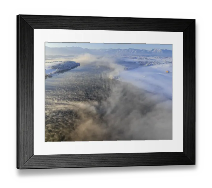 Framed Print : Aerial view of a lake in front of mountains