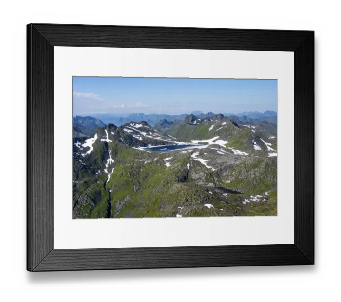 Framed Print : Mountain peak and lake, view at the summit of Rundfjellet