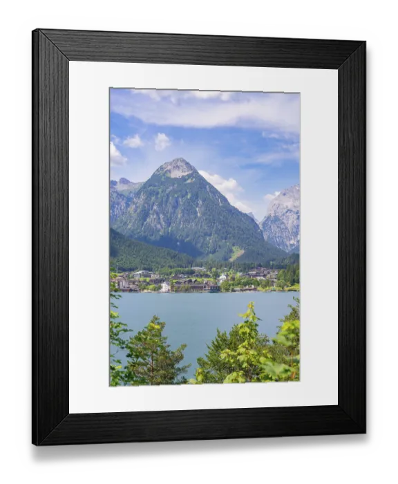 Framed Print : Turquoise-coloured lake in the mountains under a blue sky in summer