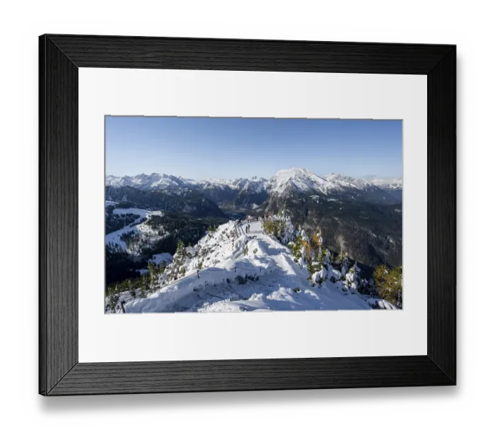 Framed Print : Hiking trail on the snow-covered summit of the Jenner with viewing platform in autumn