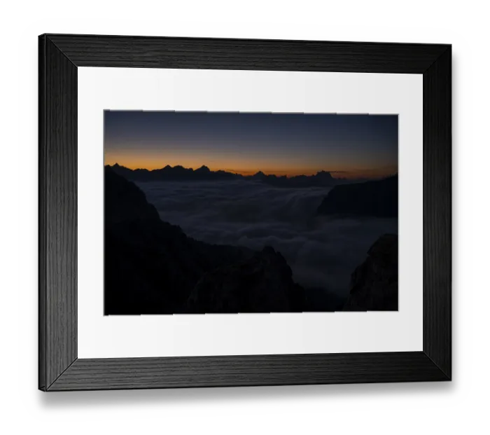 Framed Print : Sunrise over a sea of fog and Dolomite peaks in the background Framed Print : Sunrise over a sea of fog and Dolomite peaks in the background