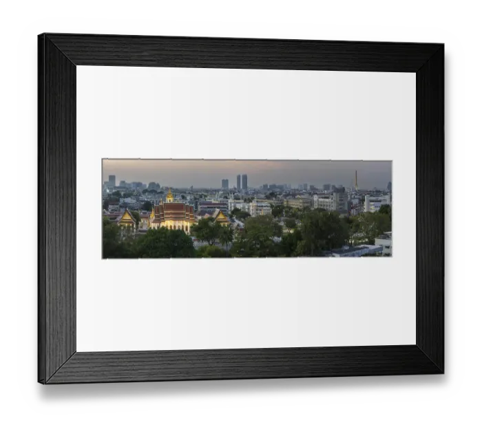 Framed Print : Panorama after sunset from Golden Mount to Wat Ratchanatdaram Worawihan and the skyline of Bangkok