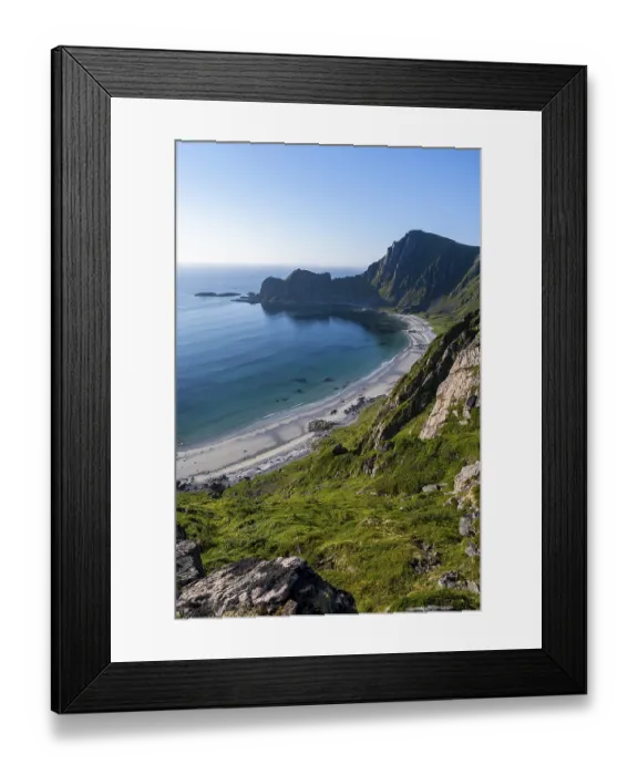 Framed Print : View of coastal landscape, cliffs with peak Matind or Matinden Framed Print : View of coastal landscape, cliffs with peak Matind or Matinden