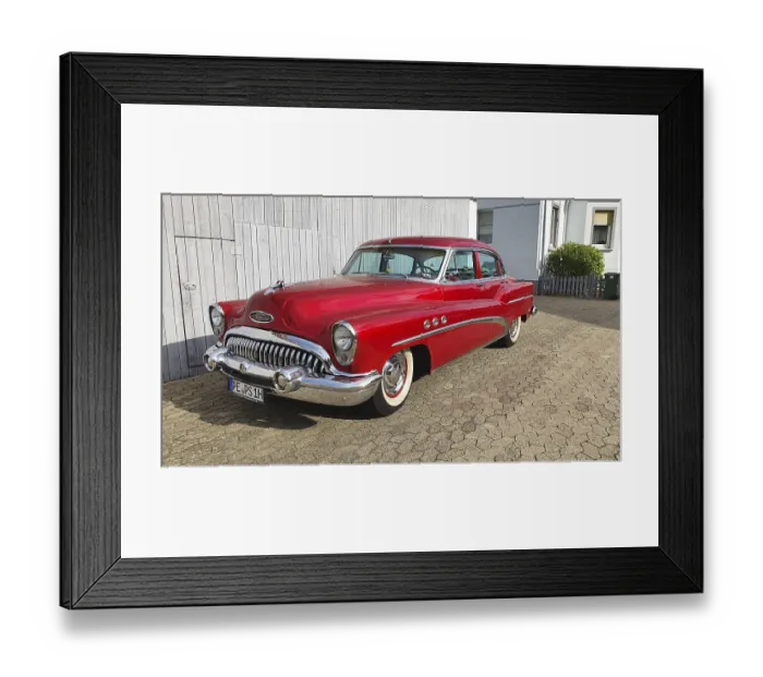 Framed Print : A shiny red classic car with chrome details parked in front of a white garage door Framed Print : A shiny red classic car with chrome details parked in front of a white garage door