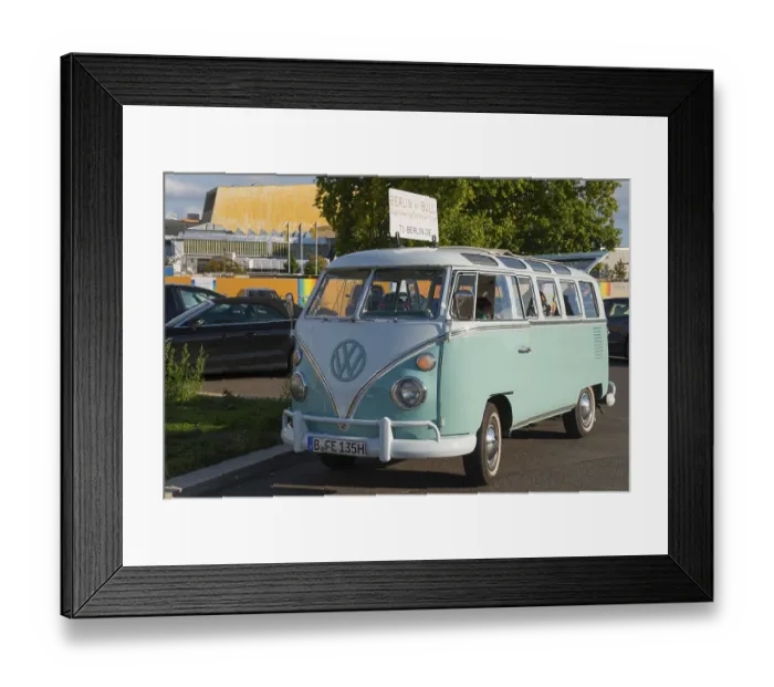 Framed Print : Mint green VW vintage bus on a street in Berlin