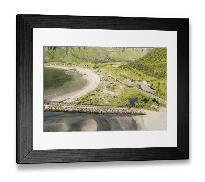 Framed Print : Aerial view of campsite at beach Ersfjordstranden Framed Print : Aerial view of campsite at beach Ersfjordstranden