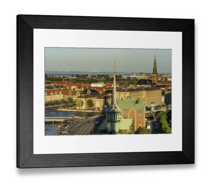 Framed Print : View from the tower of Christiansborg Castle Church to Copenhagen with Borsen