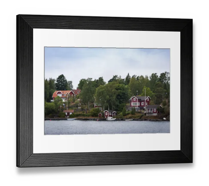 Framed Print : Holiday homes in Scandinavia, forest Framed Print : Holiday homes in Scandinavia, forest