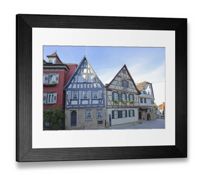 Framed Print : Blue half-timbered houses and Schiller's birthplace with green shutters