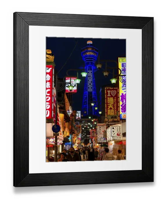 Framed Print : Many colorful neon signs in a pedestrian zone with shops and restaurants