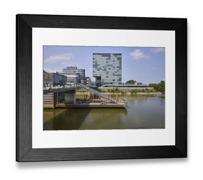 Framed Print : Hotel Hyatt Regency in the Hafenspitze Duesseldorf consisting of two high-rise buildings in the Medienhafen Duesseldorf