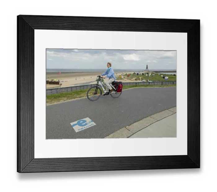 Framed Print : Cyclist, marking, start or end of Elbe cycle path Framed Print : Cyclist, marking, start or end of Elbe cycle path