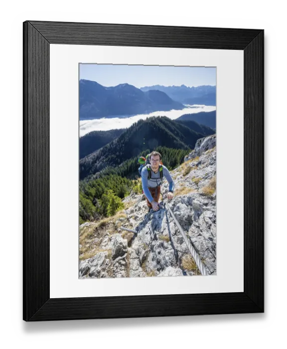 Framed Print : Hiker on via ferrata to Ettaler Manndl Framed Print : Hiker on via ferrata to Ettaler Manndl