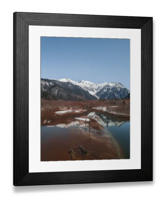 Framed Print : Snow-covered Japanese Alps reflected in Lake Taisho Pond