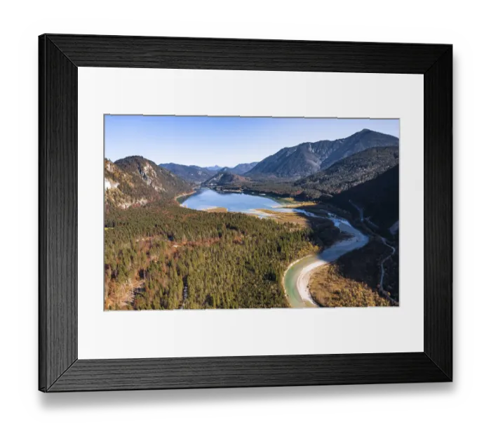 Framed Print : Aerial view, natural riverbed of the upper Isar in front of the Sylvenstein reservoir