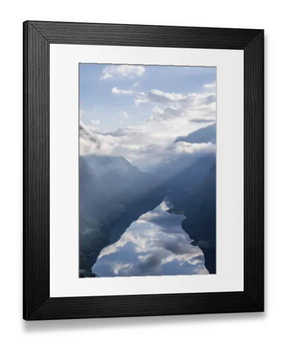 Framed Print : View from Rimstig, Rimstigen, sun shining on mountains and fjord