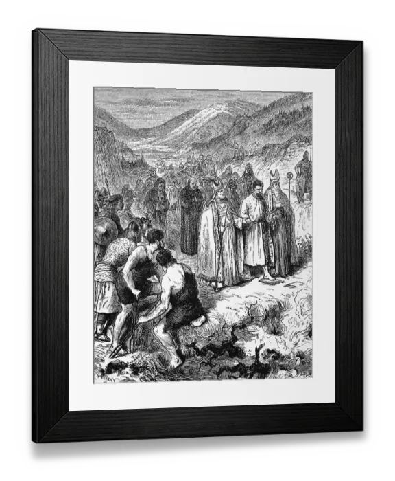 Framed Print : A trial by fire Walking on hot ploughshares to determine guilt for crimes