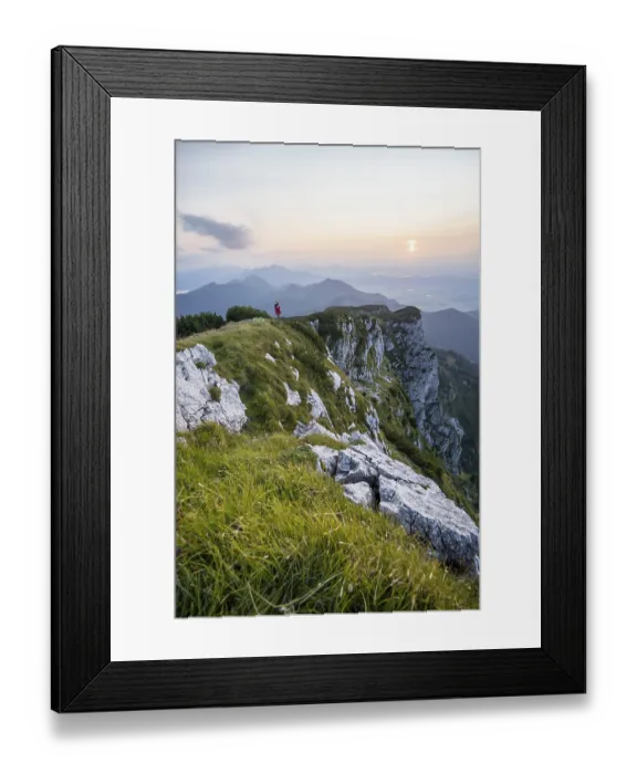 Framed Print : Hiker looking at mountains, Benediktenwand