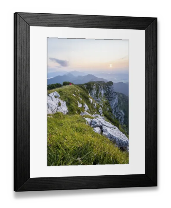 Framed Print : Hiker looking at mountains, Benediktenwand