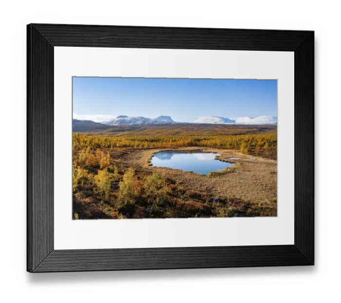 Framed Print : Mountain group Lapporten reflected in small pond Framed Print : Mountain group Lapporten reflected in small pond
