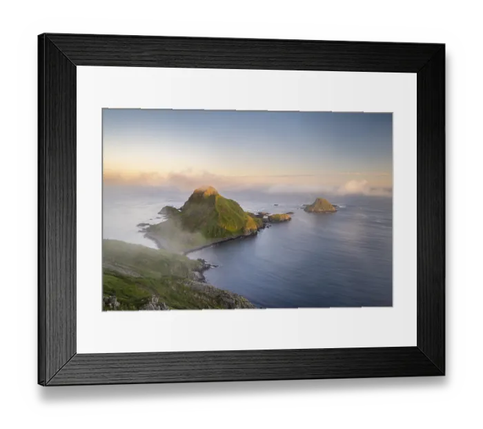 Framed Print : View from Mount Bufjellet towards the coast near Nykvag