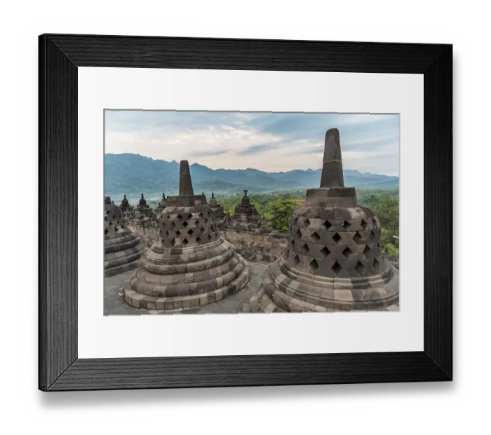 Framed Print : Borobudur temple, stupas, cloudy sky Framed Print : Borobudur temple, stupas, cloudy sky