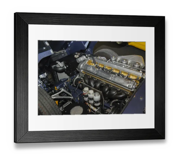 Framed Print : View under bonnet of historic classic racing car sports car classic car Jaguar E-Type Series 1 Roadster with engine