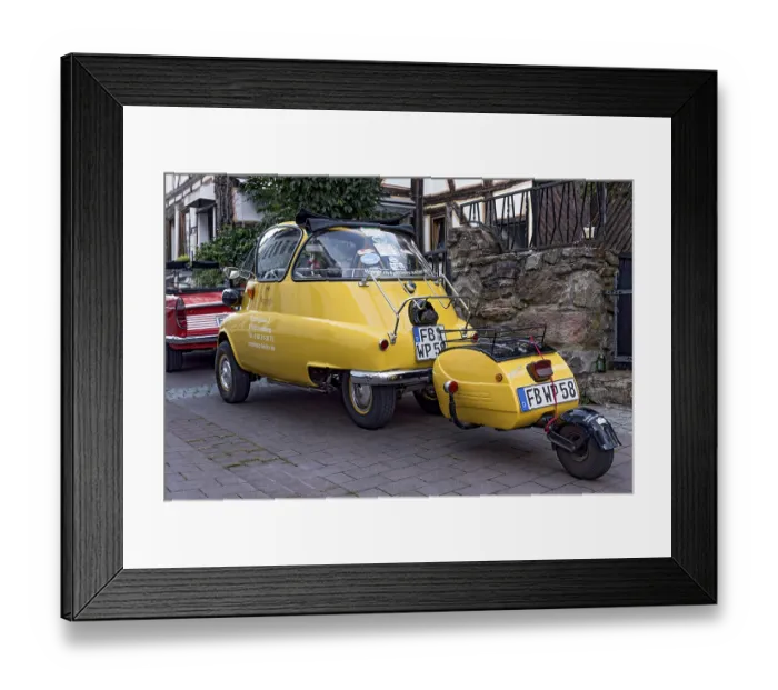 Framed Print : Vintage BMW Isetta 300 motor coupe with trailer