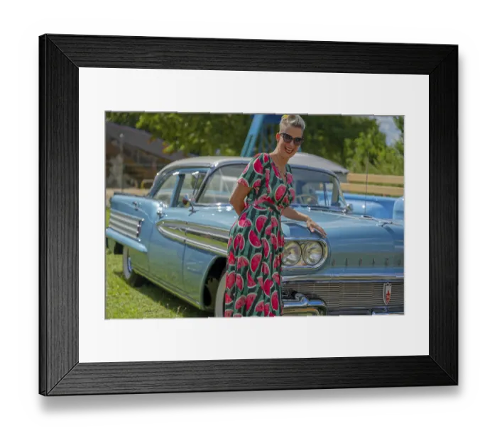 Framed Print : American classic car and a woman with a woman Framed Print : American classic car and a woman with a woman