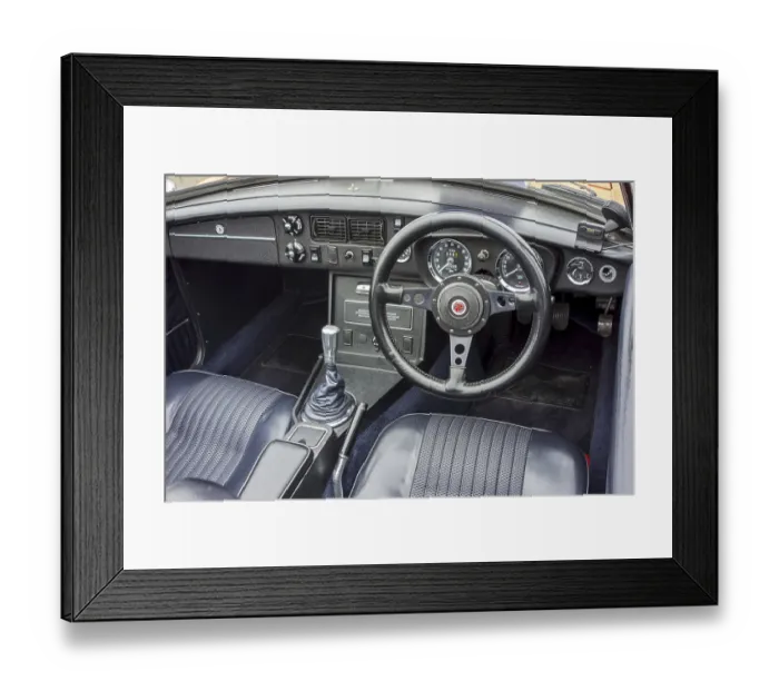 Framed Print : Steering wheel and dashboard of a classic 1972 MG MGB Roadster sports car