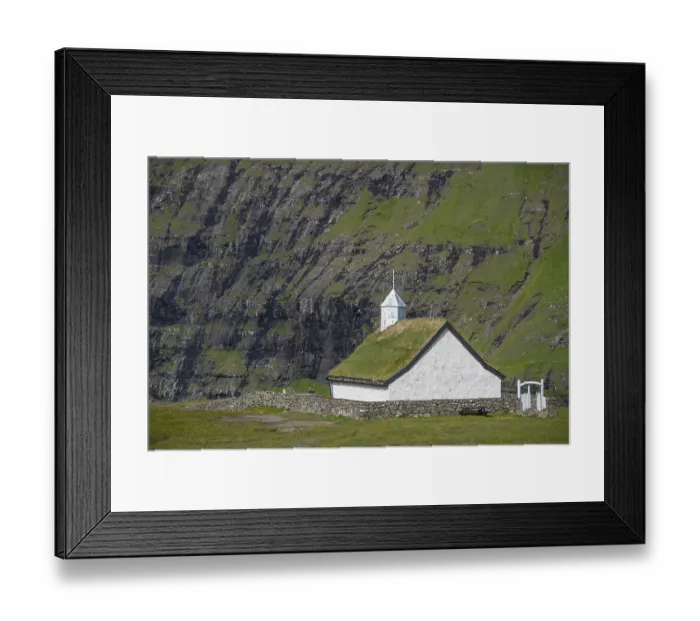 Framed Print : Small church with grass roof in mountain landscape Framed Print : Small church with grass roof in mountain landscape